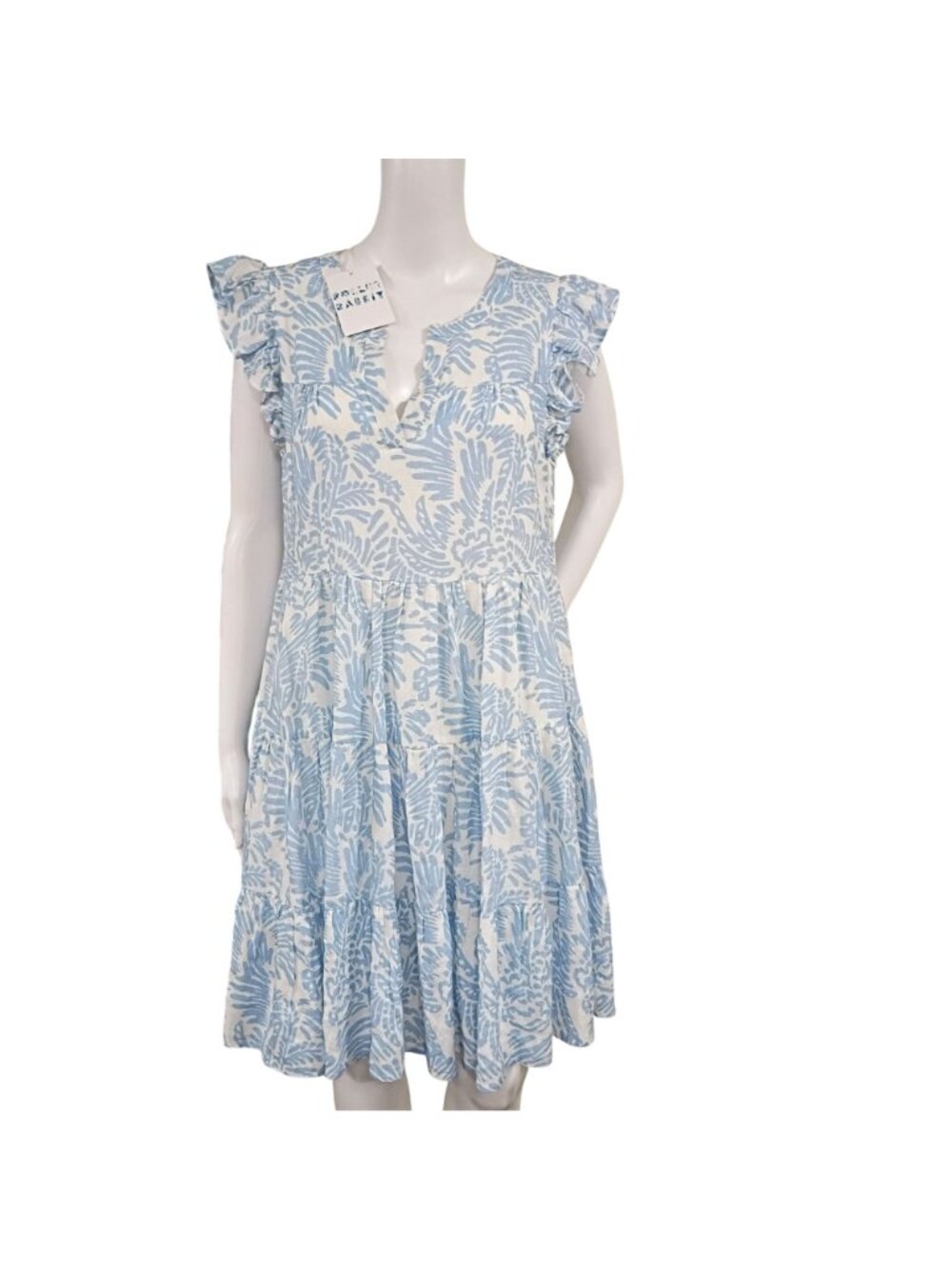 Roller Rabbit Mini Dress Women's Blue White Floral Print Linen Ruffle Sleeve - Picture 2 of 10